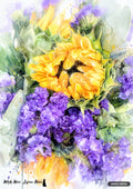 Watercolor painting of a bright yellow sunflower surrounded by vibrant purple flowers and green leaves.