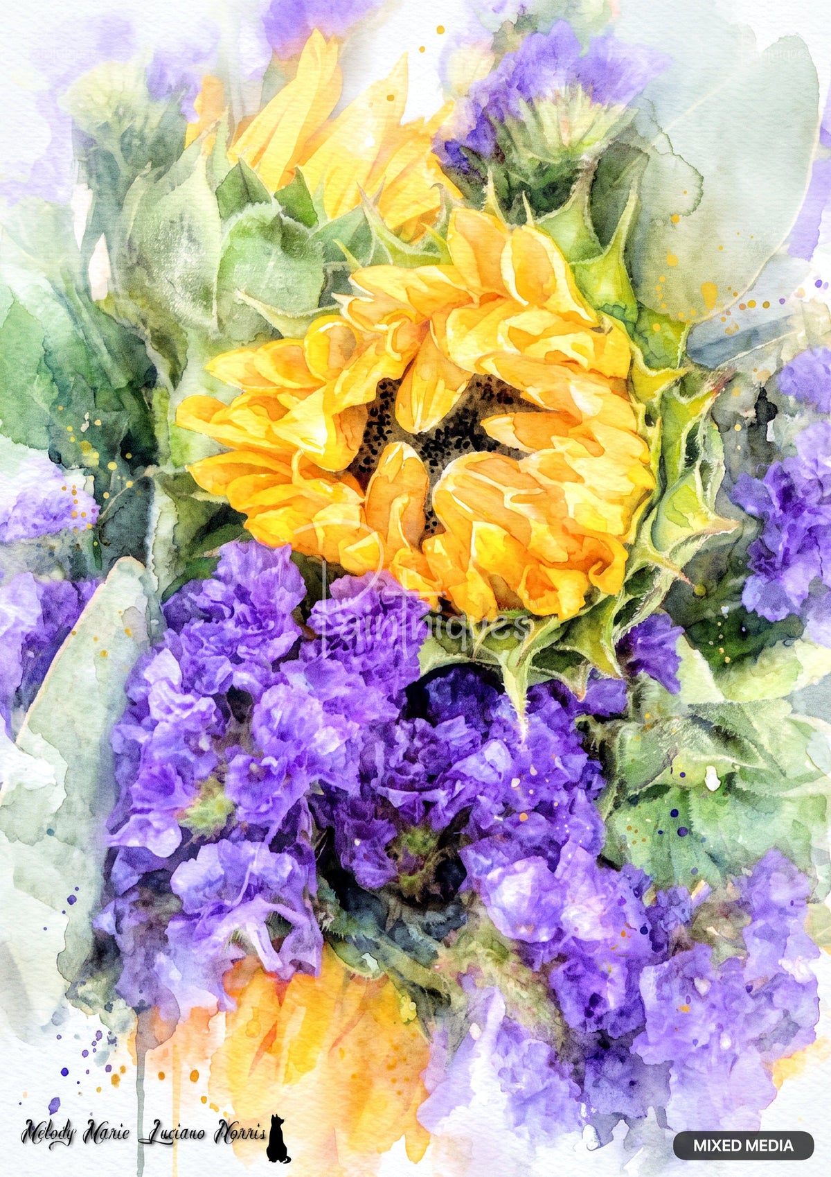Watercolor painting of a bright yellow sunflower surrounded by vibrant purple flowers and green leaves.