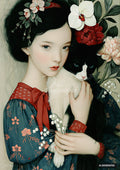 A dark-haired girl in a floral dress holding a black and white cat, with flowers in her hair and hands.