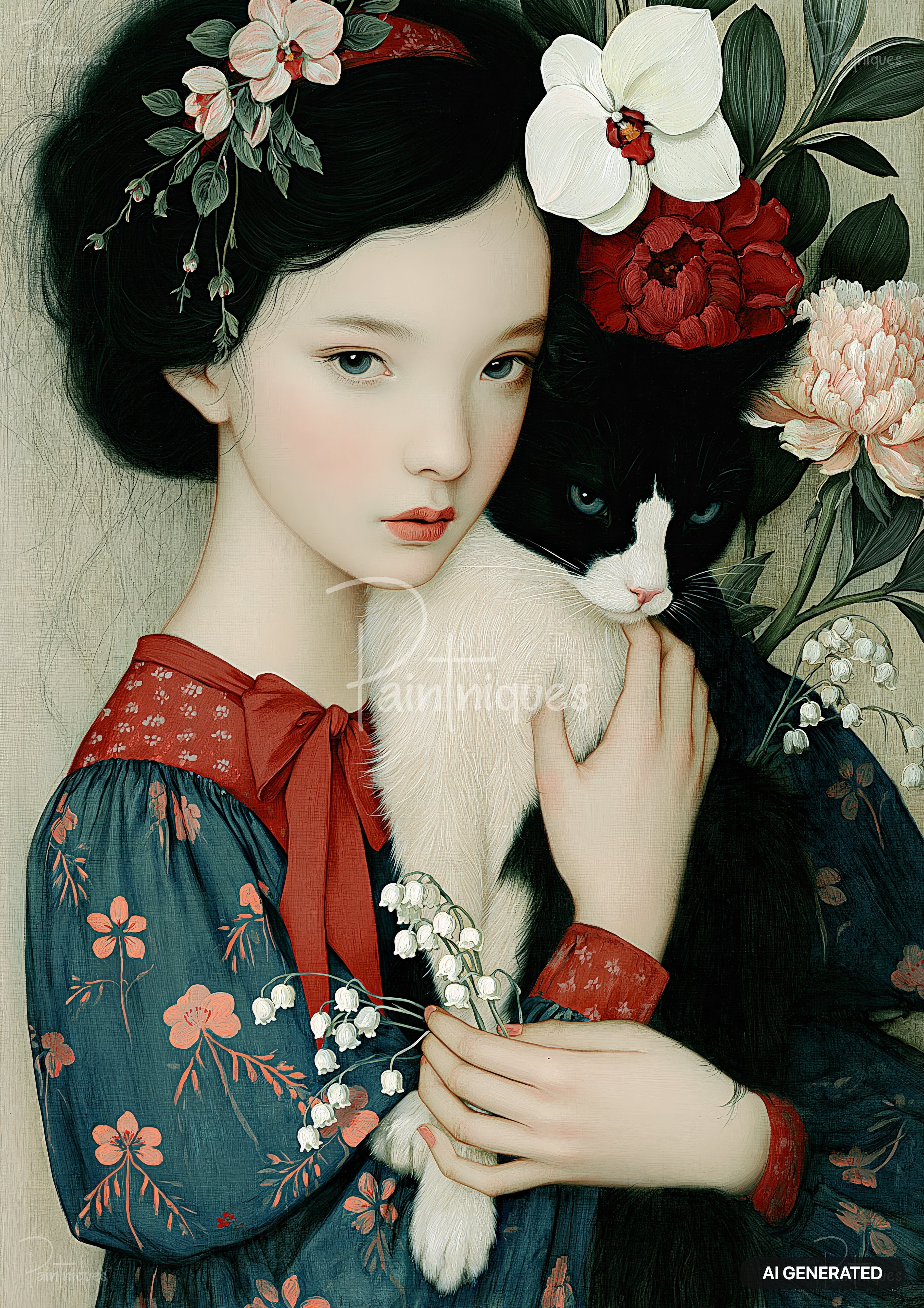 A dark-haired girl in a floral dress holding a black and white cat, with flowers in her hair and hands.