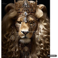 Frontal view of a regal lion with a golden jeweled crown and headpiece, surrounded by flowing blonde curly hair.