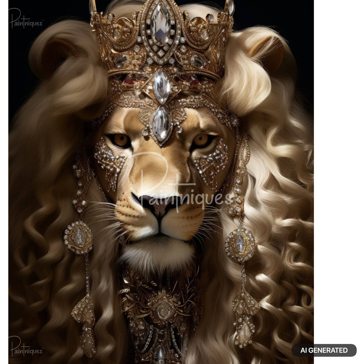 Frontal view of a regal lion with a golden jeweled crown and headpiece, surrounded by flowing blonde curly hair.