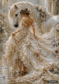 A woman with bared shoulders, wearing a flowing, ruffled cream gown with a plunging back, stands with a horse.