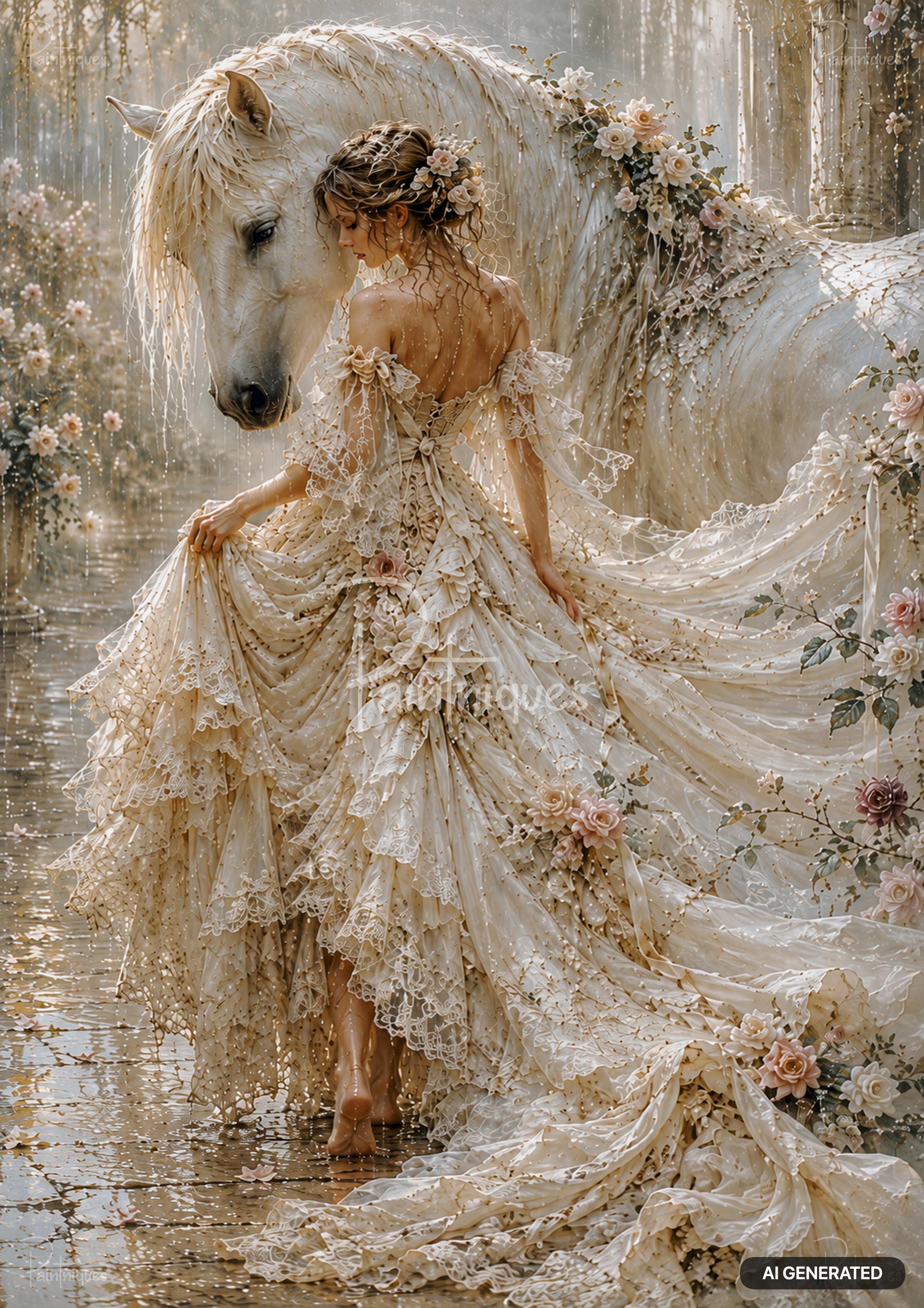 A woman with bared shoulders, wearing a flowing, ruffled cream gown with a plunging back, stands with a horse.