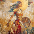 Textured painting of a woman in profile with feathers and gold adornments, by a large gold circle.