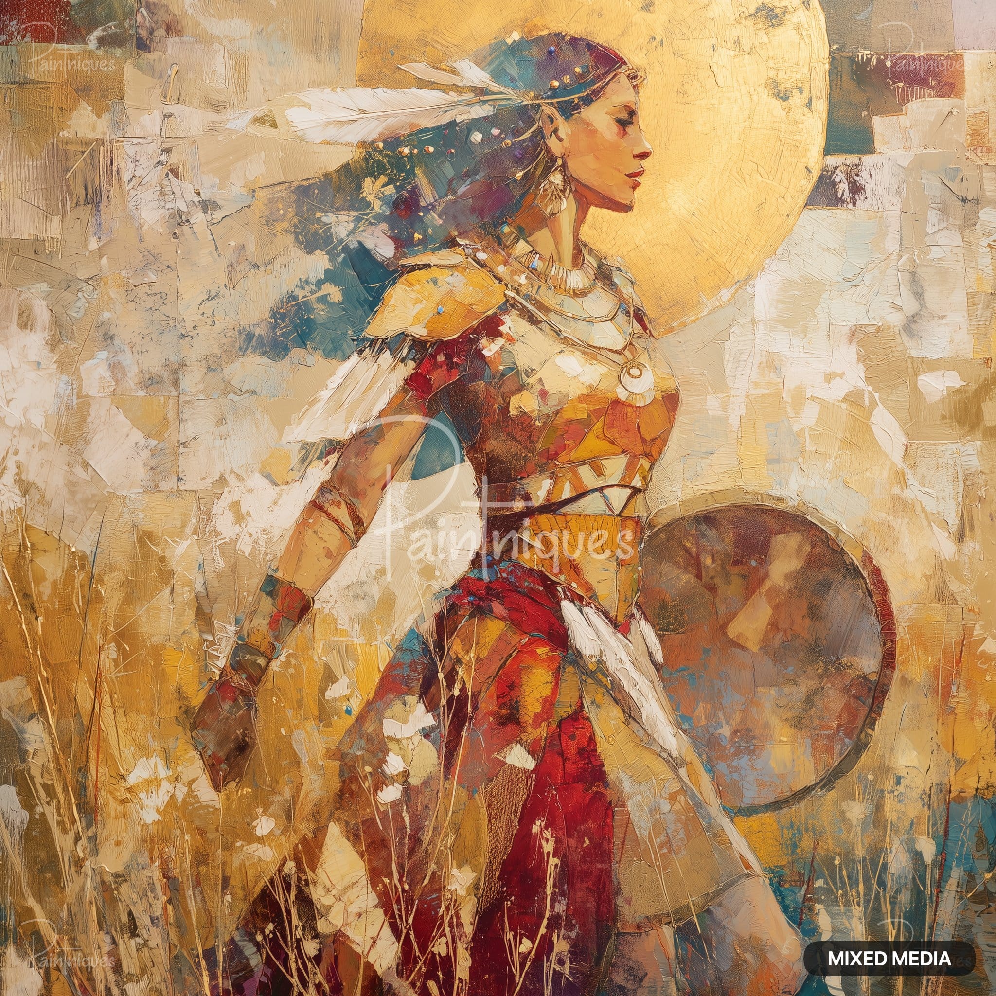 Textured painting of a woman in profile with feathers and gold adornments, by a large gold circle.