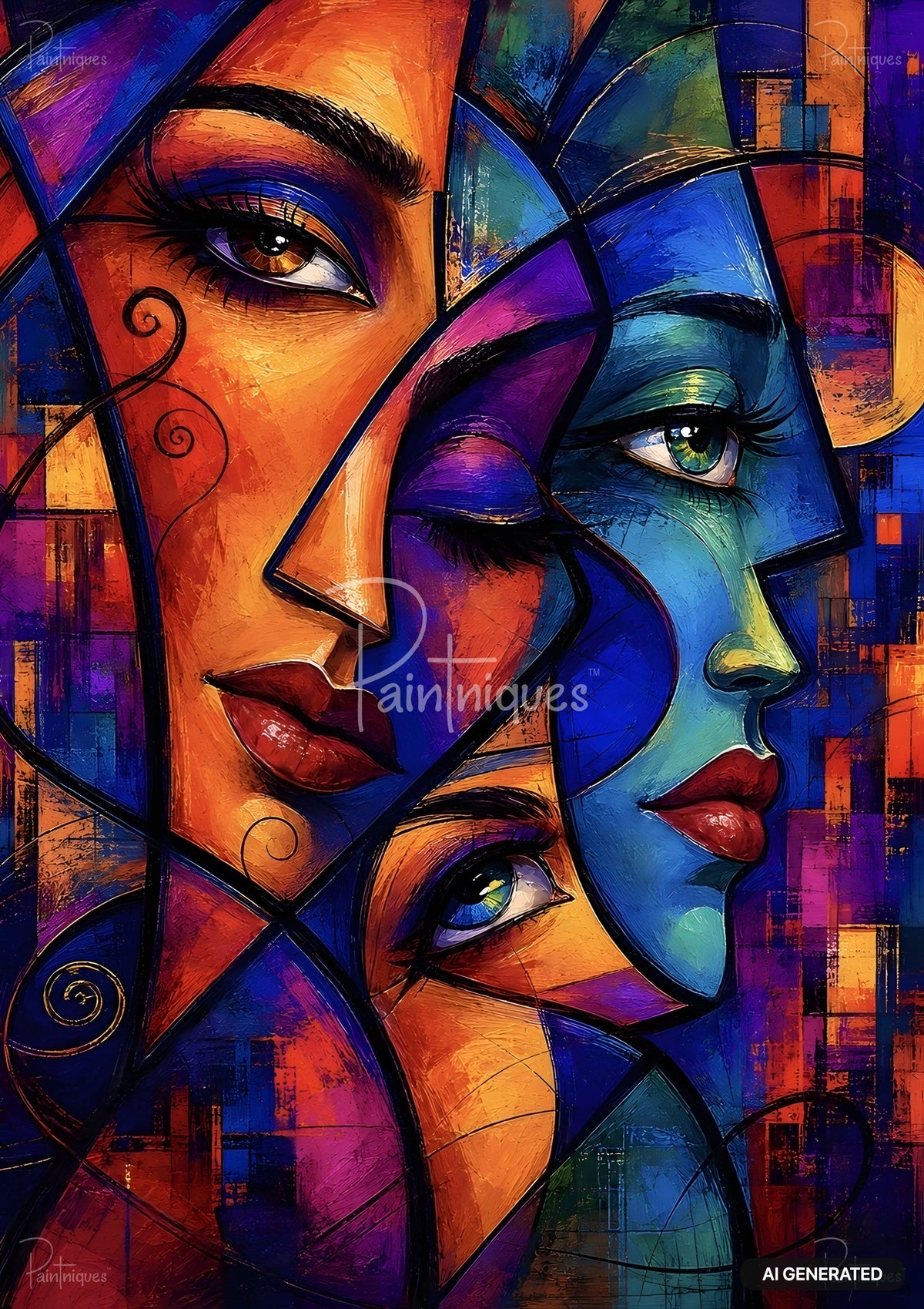 Cubist-style artwork of three abstract faces in shades of orange, blue, and purple, with vibrant red lips.
