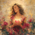 Painting of a woman with closed eyes and loose hair, holding a glowing heart, surrounded by shimmering gold and red roses.