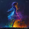 An oil painting of a dancing figure in profile, with a dress and hair made of expressive rainbow brushstrokes.