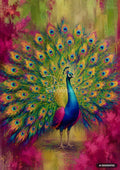 Colorful painting of a peacock with its tail feathers fanned out, set against an abstract green and fuchsia background.