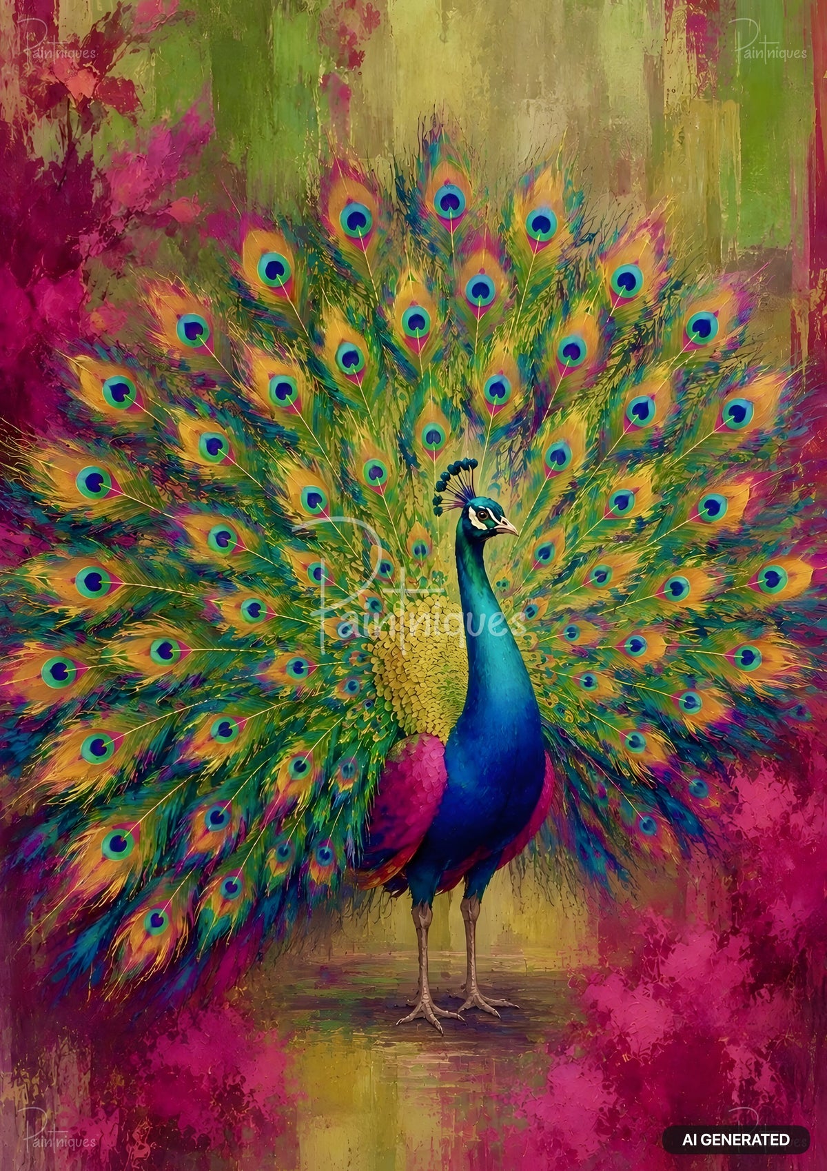Colorful painting of a peacock with its tail feathers fanned out, set against an abstract green and fuchsia background.