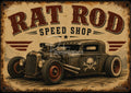 Weathered sign of a low-slung rat rod with exposed engine, skull-and-wrenches door decal and red wing stripes