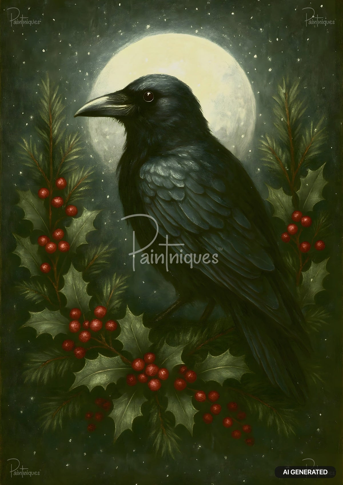 A black raven perched among holly leaves and red berries against a glowing full moon at night.