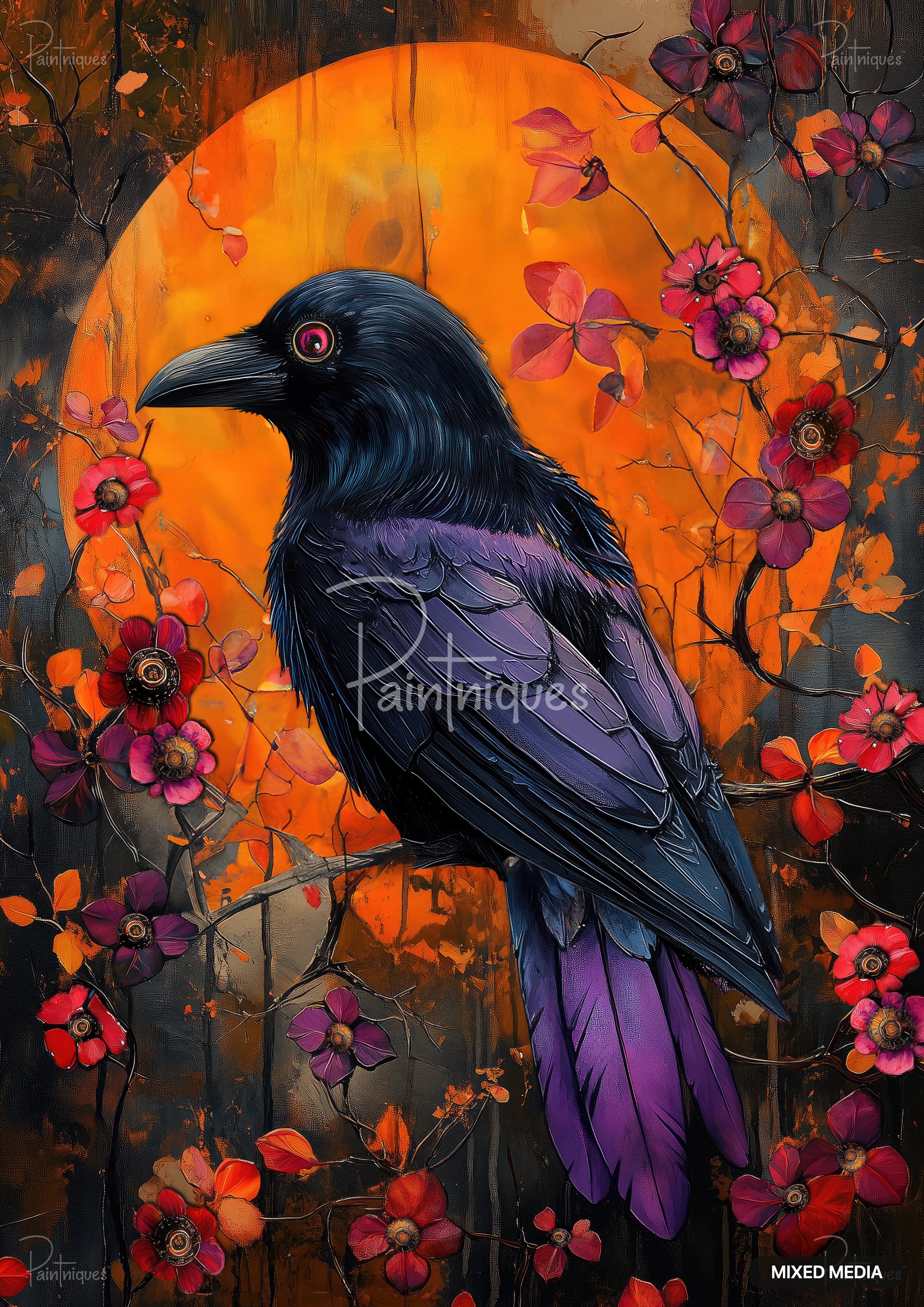 A black raven with purple feathers and red eyes sits on a branch with red and purple flowers against an orange moon.