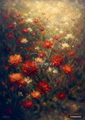 Oil painting of a flower field with red, orange, and white blossoms, with textured brushstrokes and a bright center.
