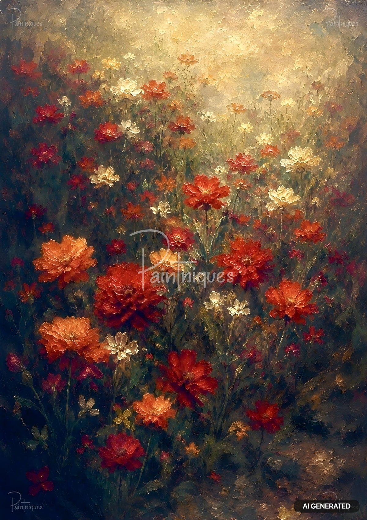 Oil painting of a flower field with red, orange, and white blossoms, with textured brushstrokes and a bright center.