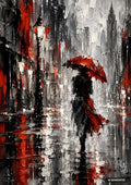 Palette knife painting of a person with a red umbrella walking in the rain past a lamppost, with city buildings.