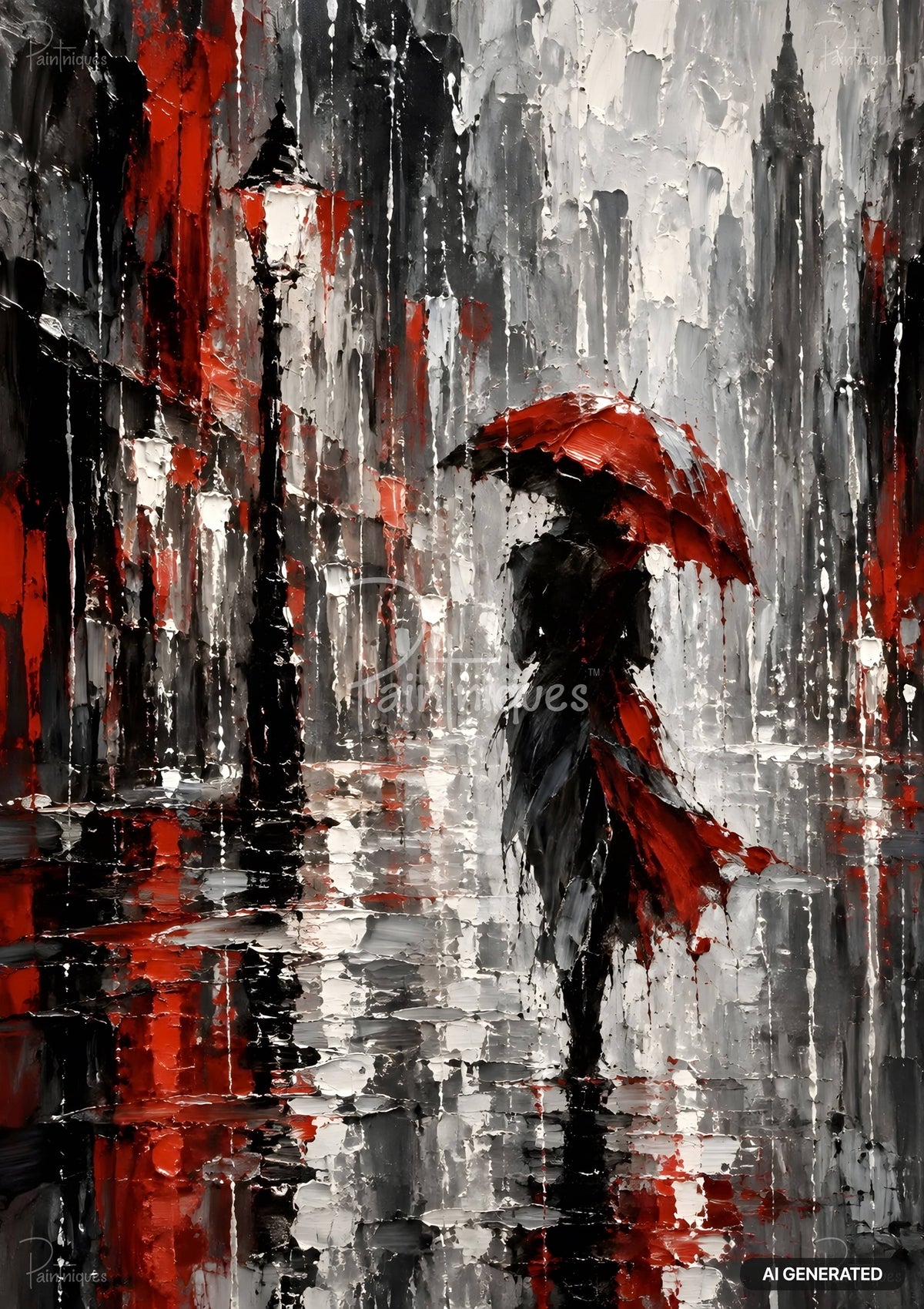 Palette knife painting of a person with a red umbrella walking in the rain past a lamppost, with city buildings.