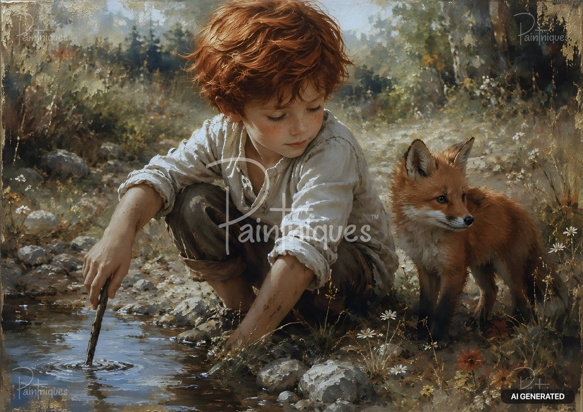Painting of a red-haired child with a fox next to a stream, stirring water with a stick. Wildflowers bloom nearby.
