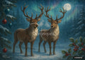 Two reindeer in a snowy forest at night with a full moon, northern lights, and hanging Christmas ornaments.