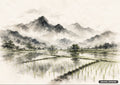 Watercolor painting of rice paddies and distant houses nestled among mountains with three birds flying above.