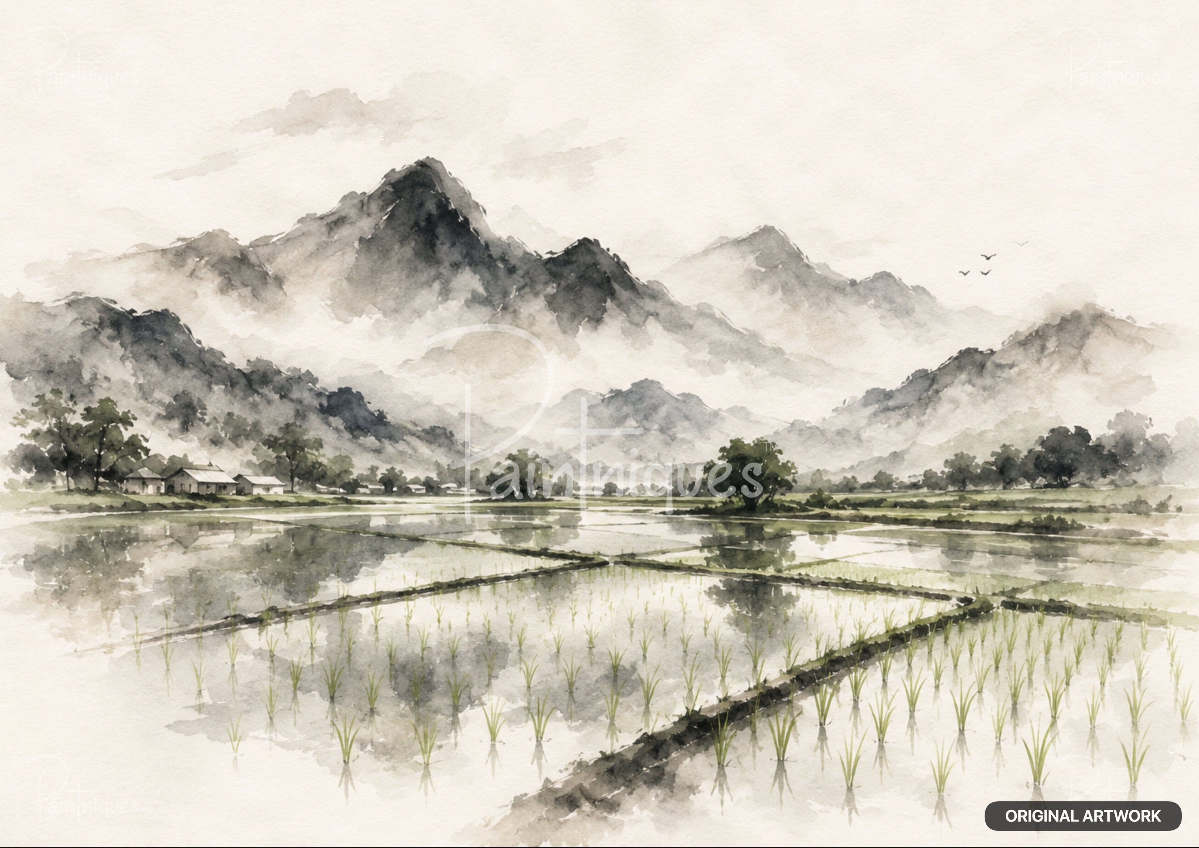 Watercolor painting of rice paddies and distant houses nestled among mountains with three birds flying above.