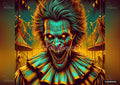A scary clown with glowing eyes and sharp teeth, wearing a teal and yellow ruffled collar, against a carnival background.