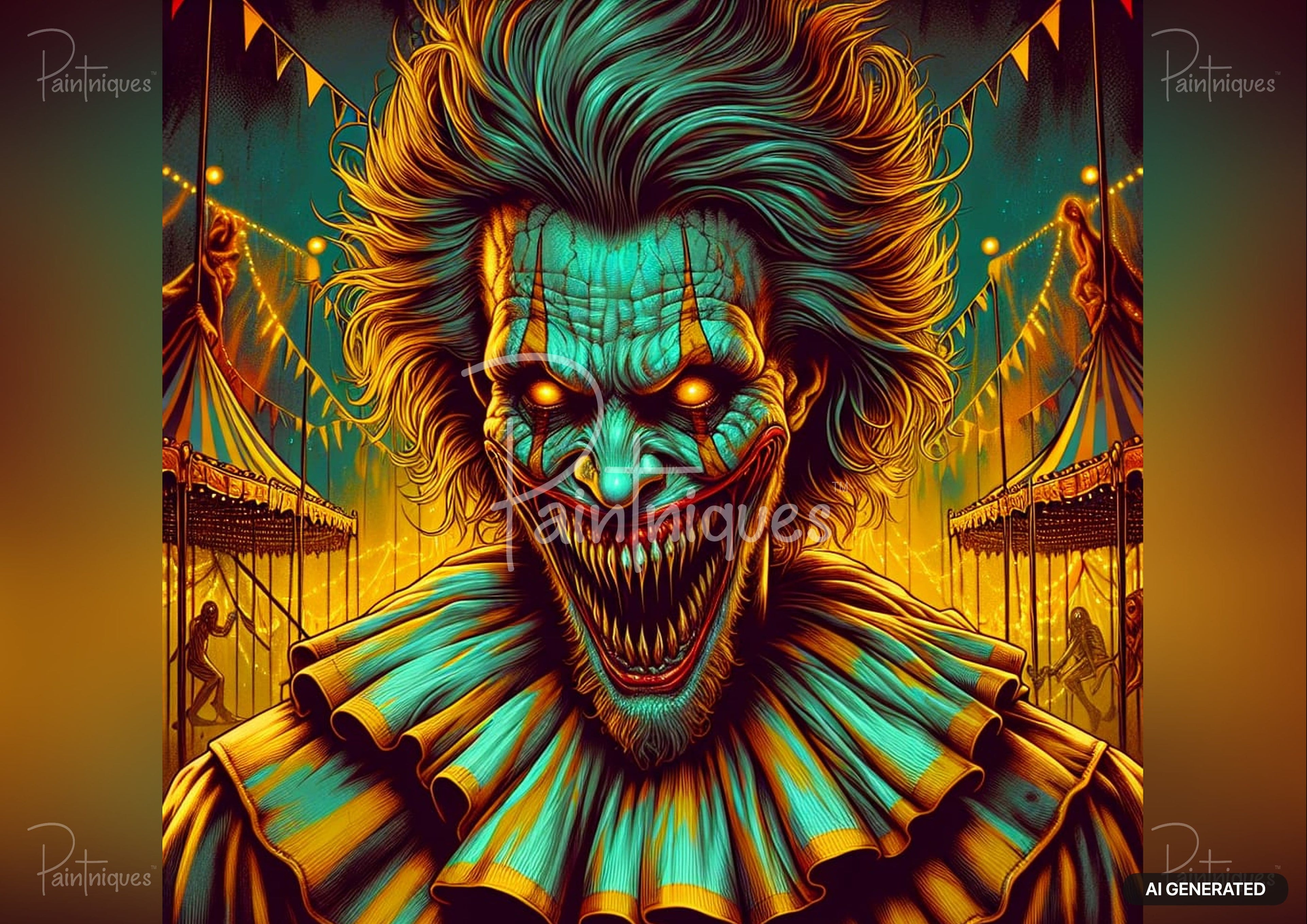 A scary clown with glowing eyes and sharp teeth, wearing a teal and yellow ruffled collar, against a carnival background.