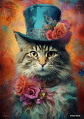 Fluffy cat wearing a teal top hat adorned with roses and a floral collar against a colorful, textured background.