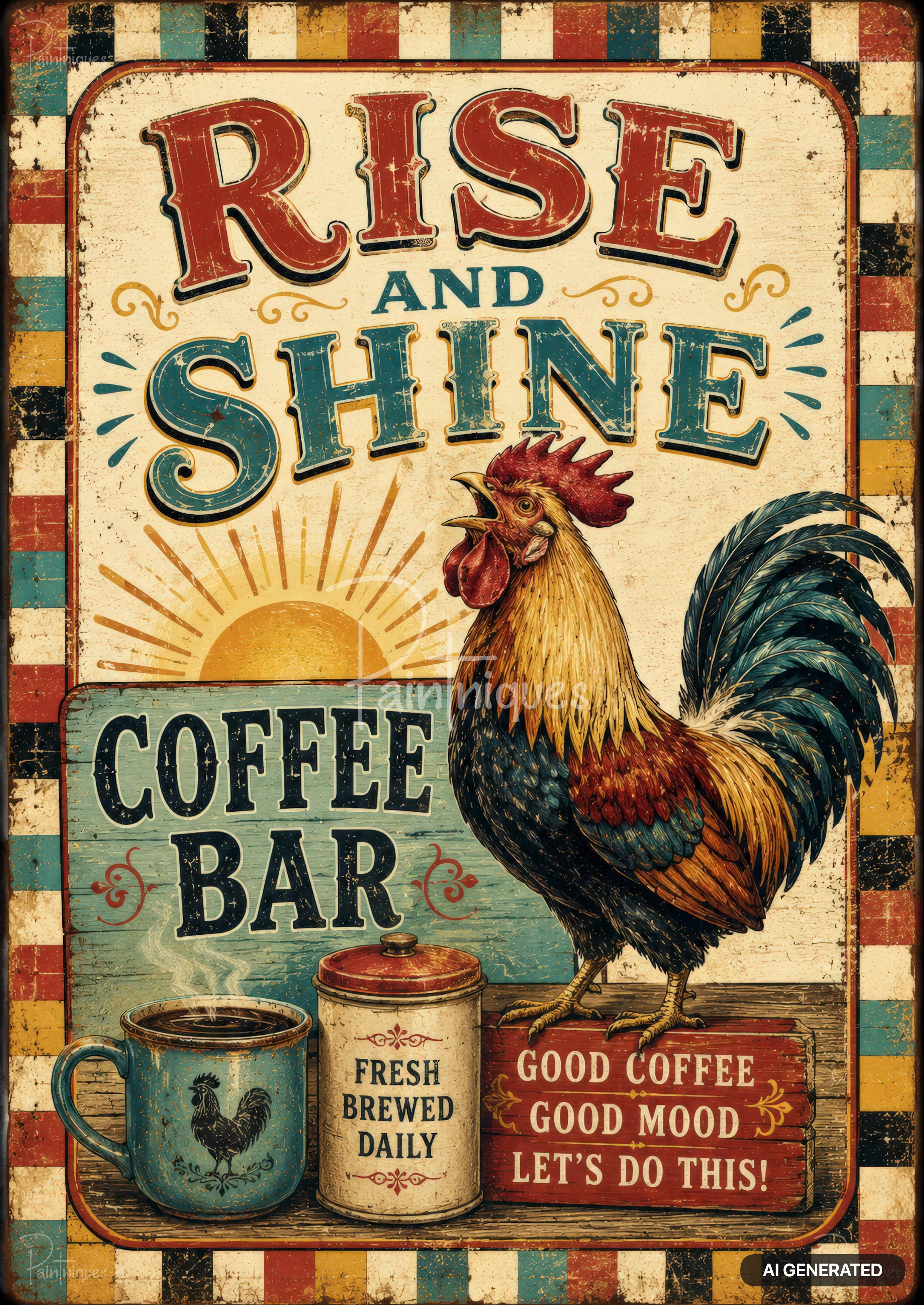 Vintage-style sign with "Rise and Shine" and a crowing rooster. It also says "Coffee Bar" with a mug and coffee canister.