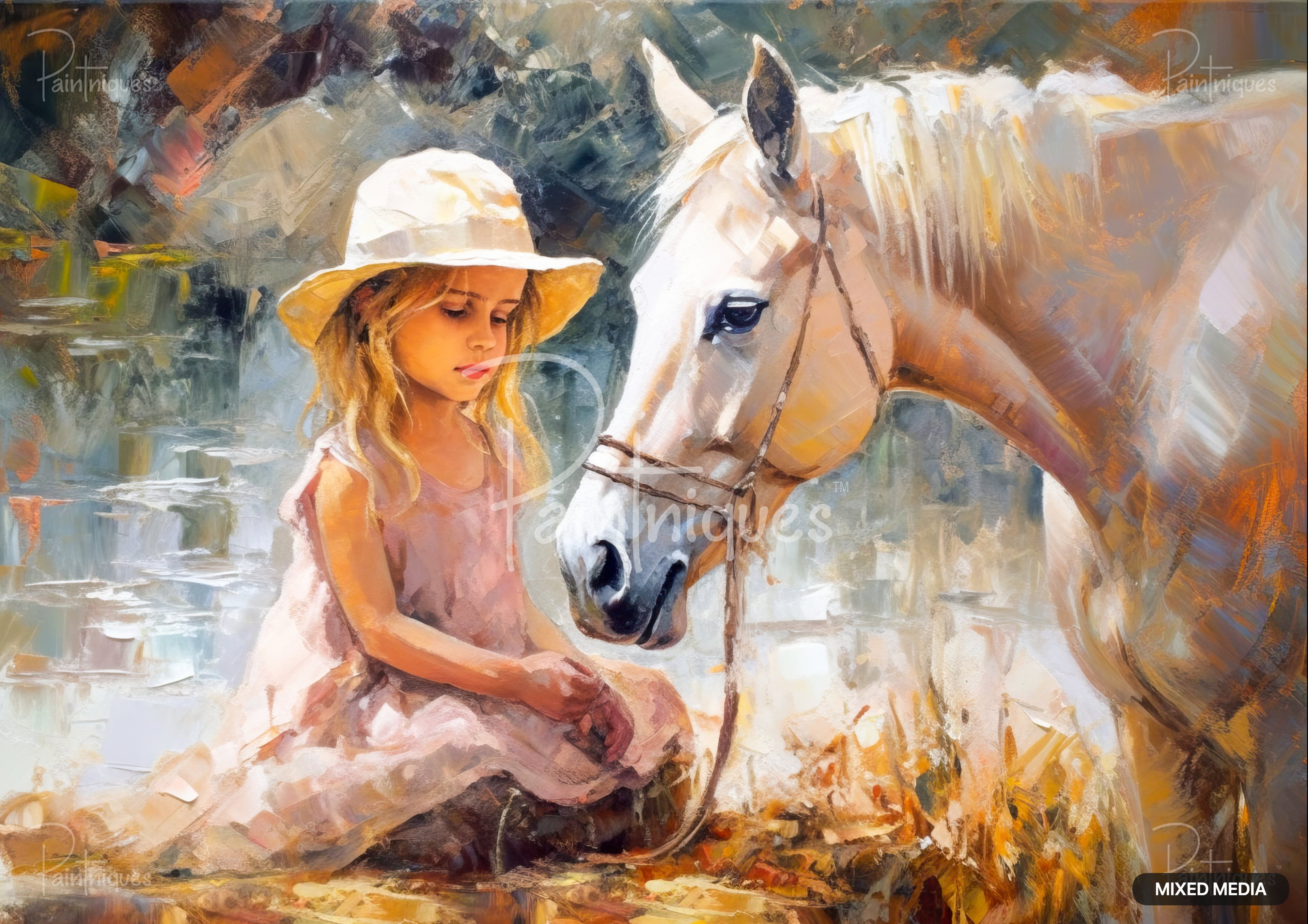 An impressionistic oil painting of a girl in a hat and pink dress sitting next to a white horse.