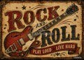 Vintage-style sign with red "ROCK" and black "ROLL" text, a red electric guitar, and a banner reading "PLAY LOUD LIVE HARD".