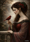 Woman with dark curly hair and a red rose garland holds a small red bird on her finger in a garden setting.