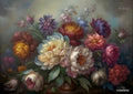 A vibrant floral arrangement with peonies, dahlias, and tulips in shades of pink, yellow, blue, and purple.