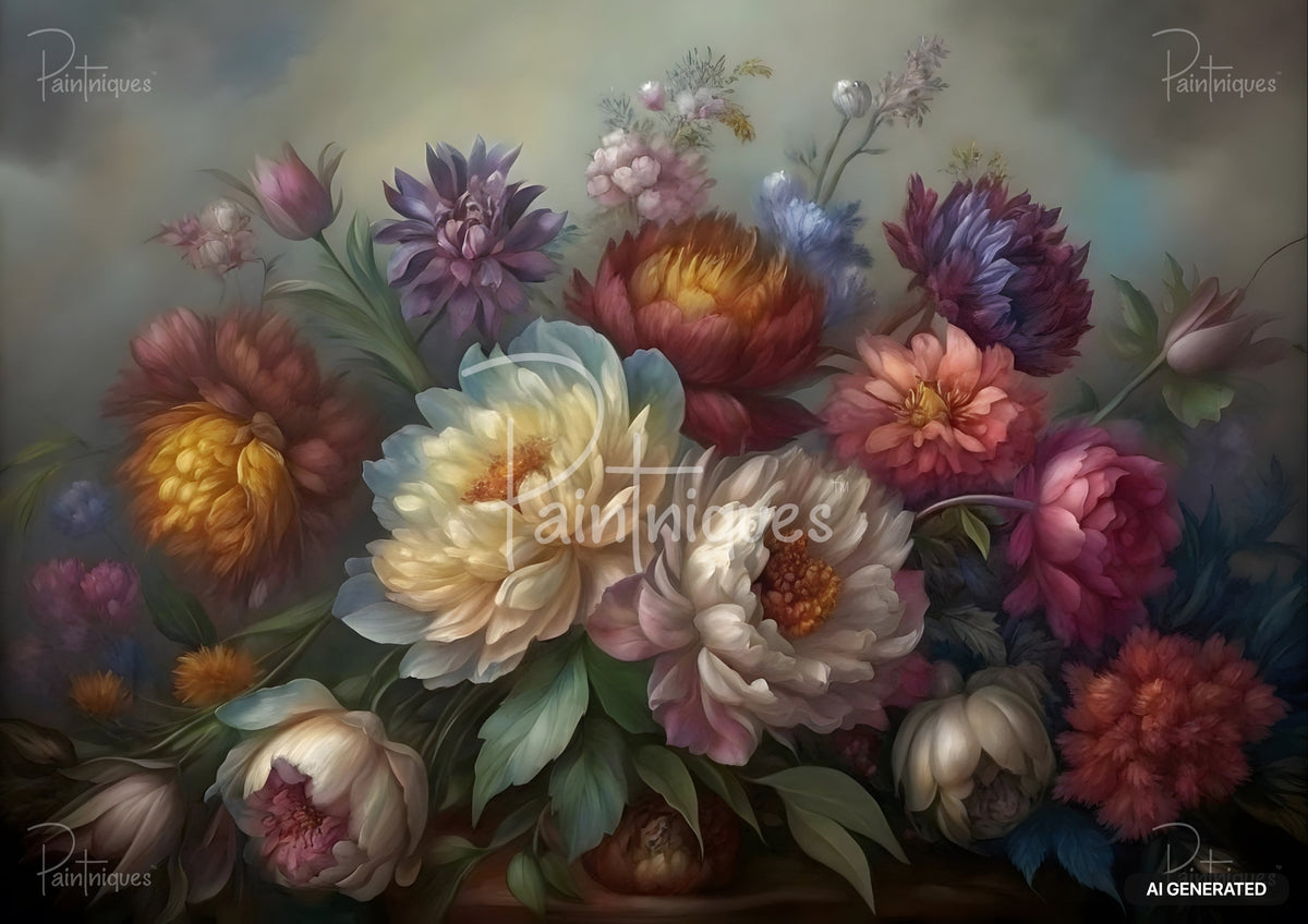 A vibrant floral arrangement with peonies, dahlias, and tulips in shades of pink, yellow, blue, and purple.