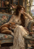 A woman with long curly hair in a lacy dress sits on a floral sofa with a sleeping fox. Window overlooks a sea landscape.