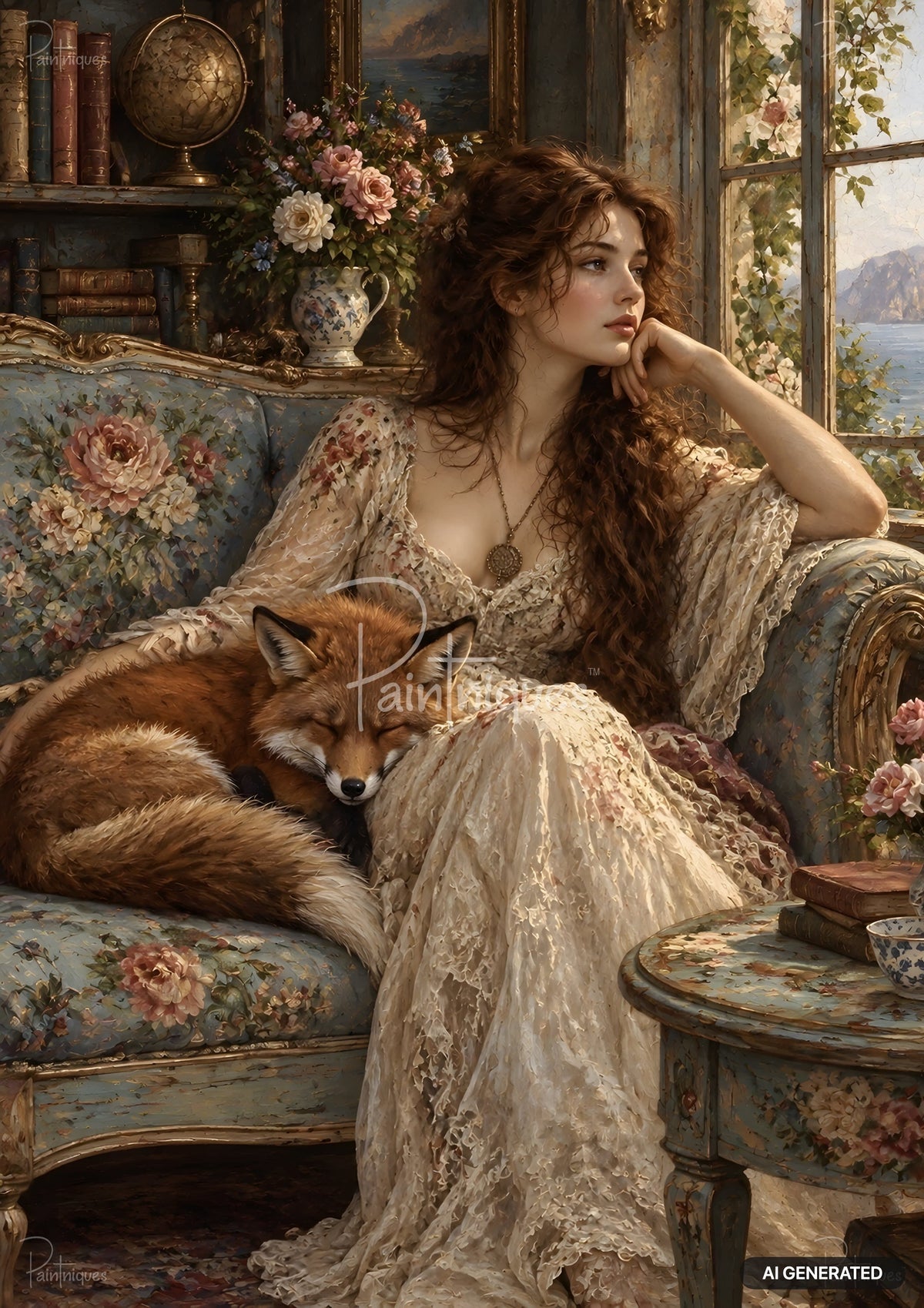 A woman with long curly hair in a lacy dress sits on a floral sofa with a sleeping fox. Window overlooks a sea landscape.