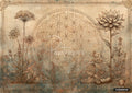 An aged paper with a floral line art border, a mandala, a large dahlia, queen anne's lace, and plants.