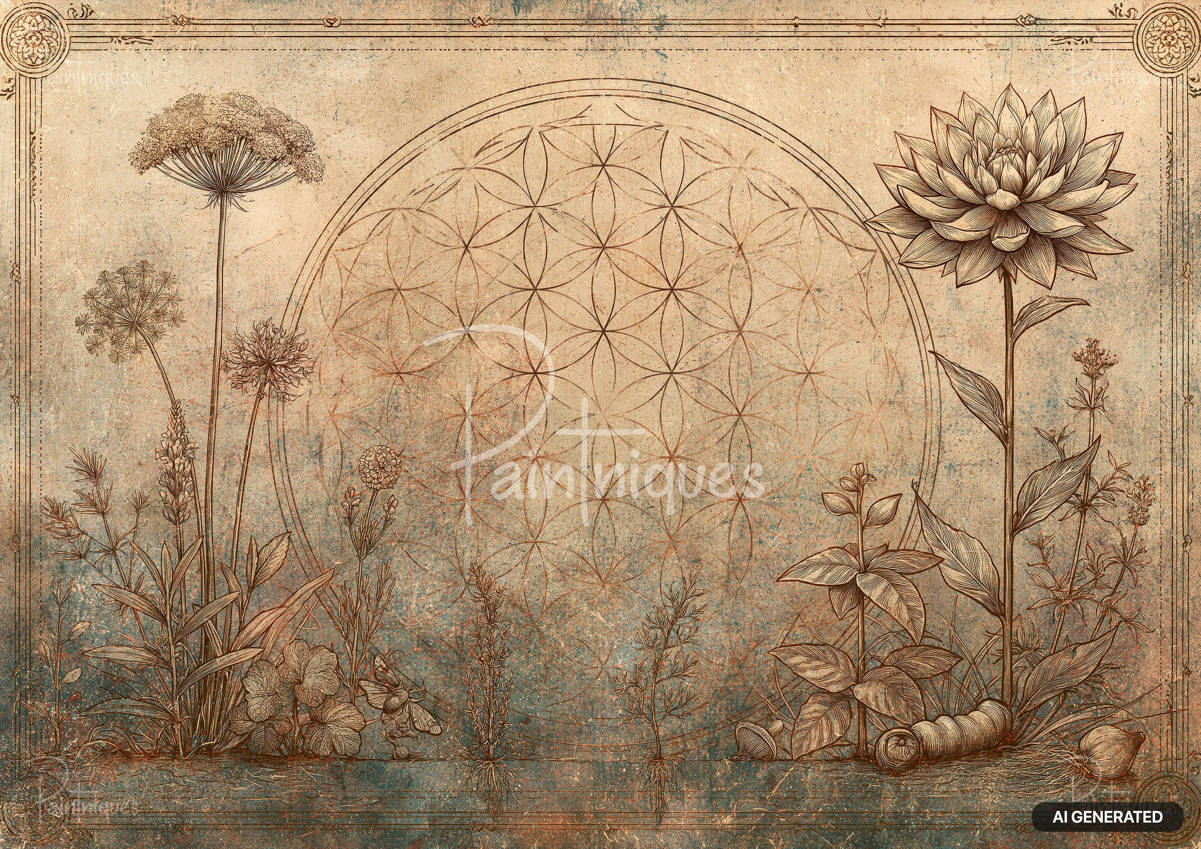 An aged paper with a floral line art border, a mandala, a large dahlia, queen anne's lace, and plants.