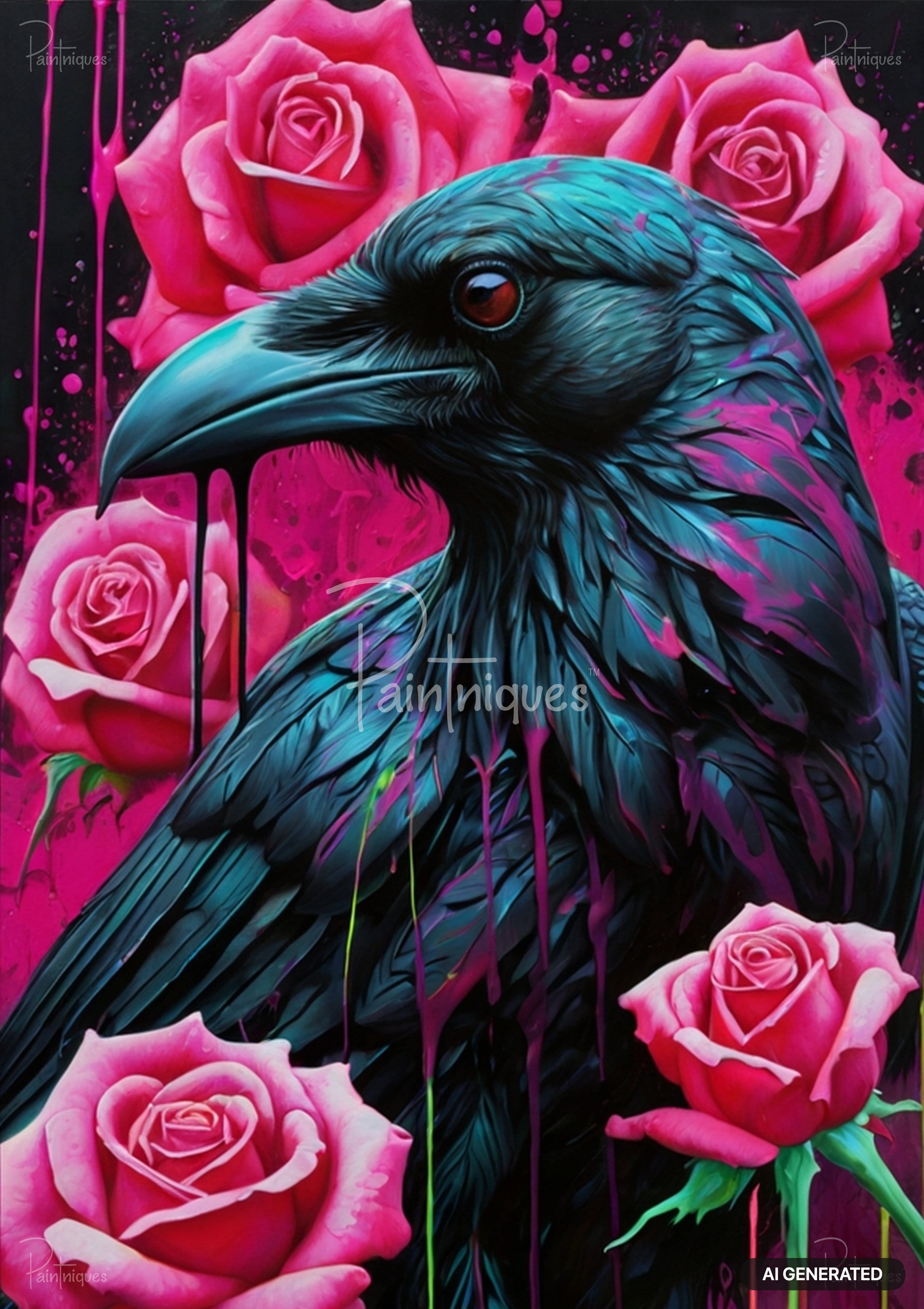 A dark teal crow with bright pink accents on black, surrounded by pink roses, with pink paint drips.