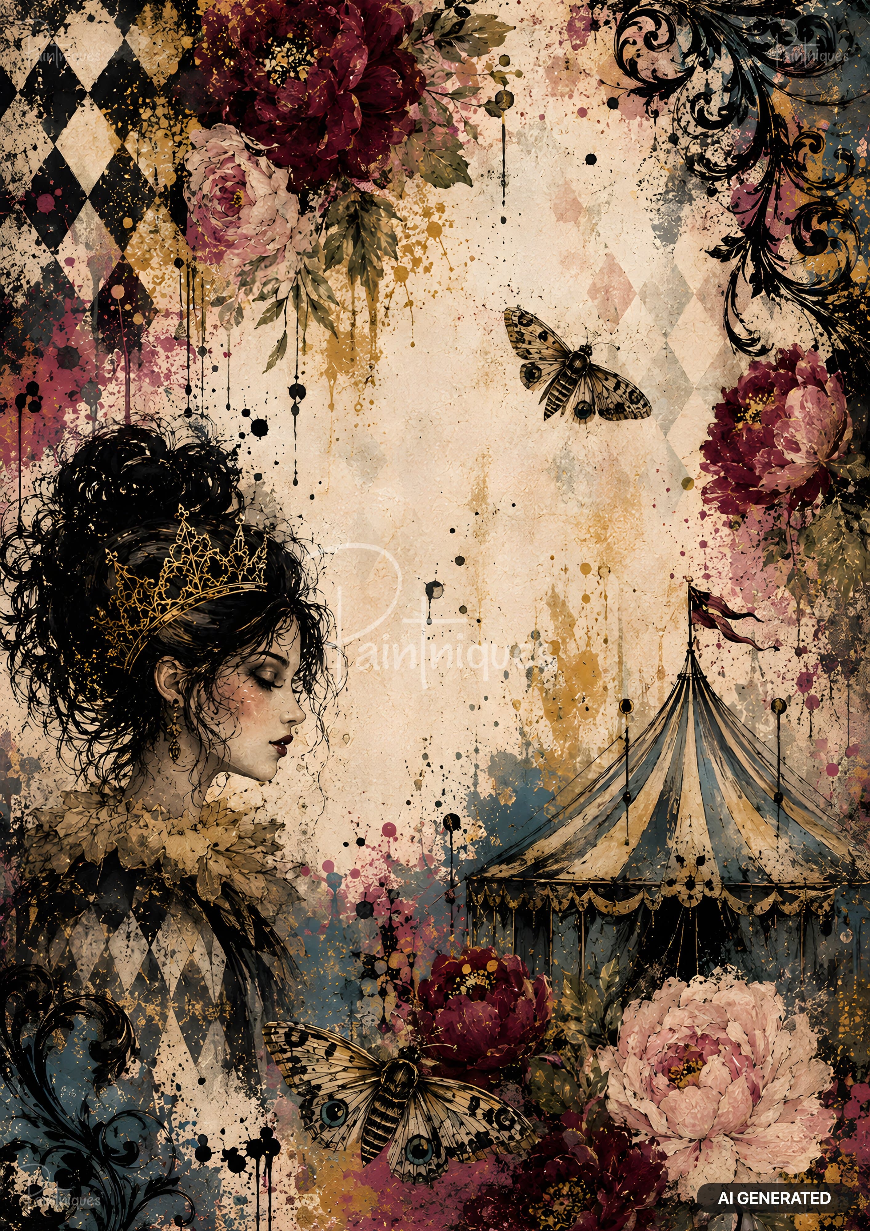Grungy artwork of a woman in a crown, circus tent, and butterflies, with large flowers, splashes, and harlequin patterns.
