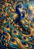 Two peacocks with iridescent blue and gold plumage, surrounded by golden and blue flowers, with a distant sky and mountains.