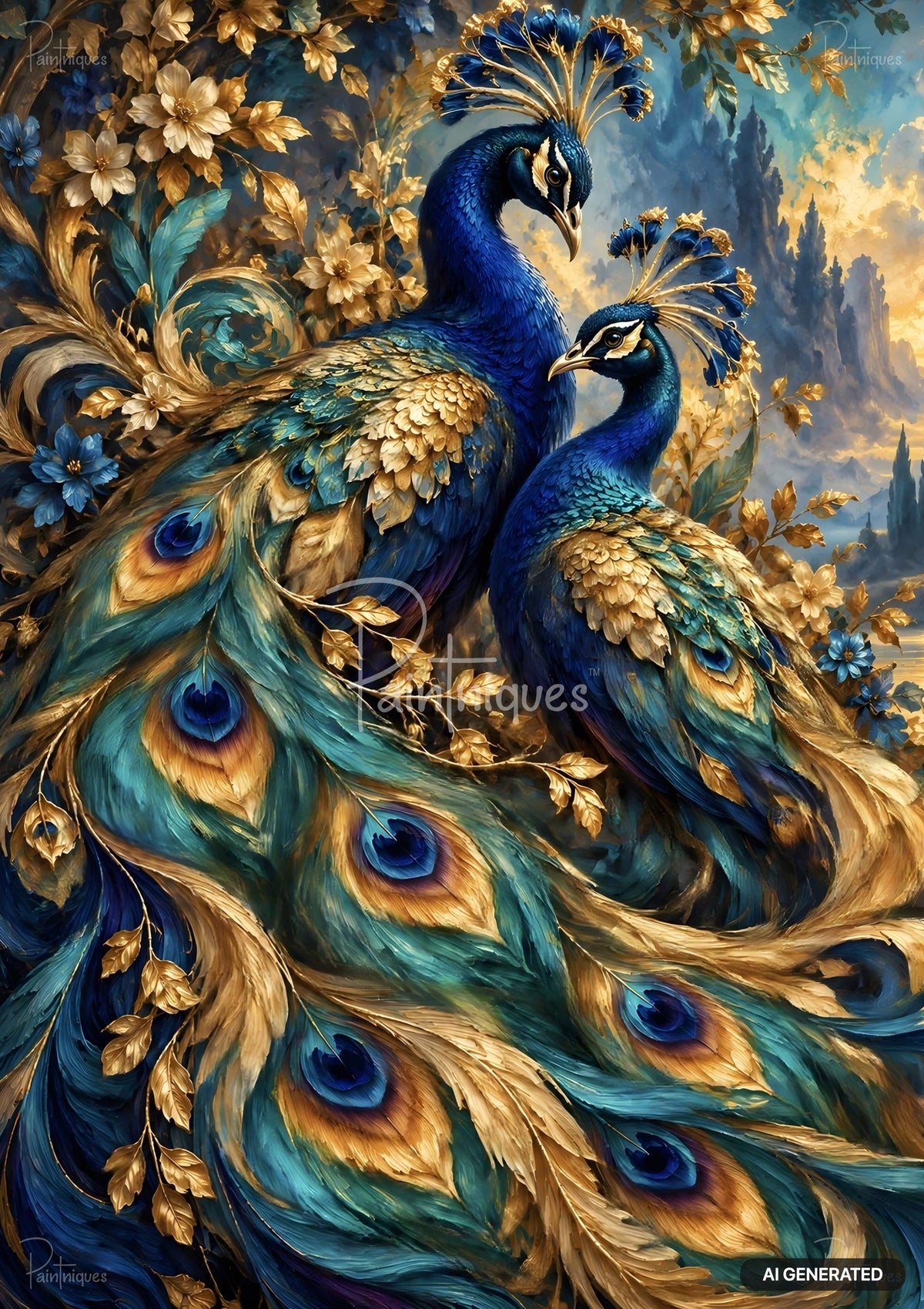 Two peacocks with iridescent blue and gold plumage, surrounded by golden and blue flowers, with a distant sky and mountains.