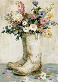 Bouquet of pastel wildflowers arranged inside a weathered white boot on a soft neutral background.