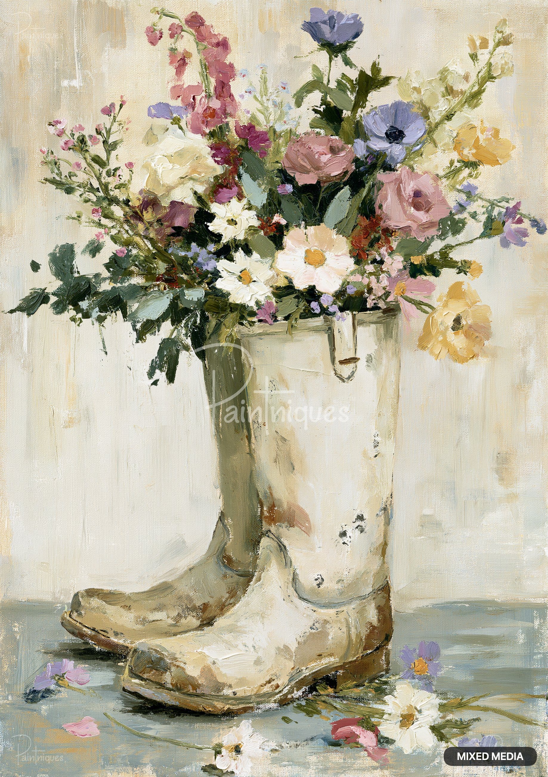 Painting of white worn boots filled with pink, white, purple, yellow, and red flowers. Smaller flowers rest on the floor.
