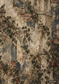 A crumbling, antique wall with exposed brick and blue paint peeling. Vines with green leaves, dark flowers, and birds climb the wall.