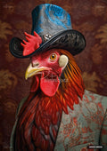 Red rooster wearing a blue and gray top hat with a red feathered accent, and a green patterned suit jacket.