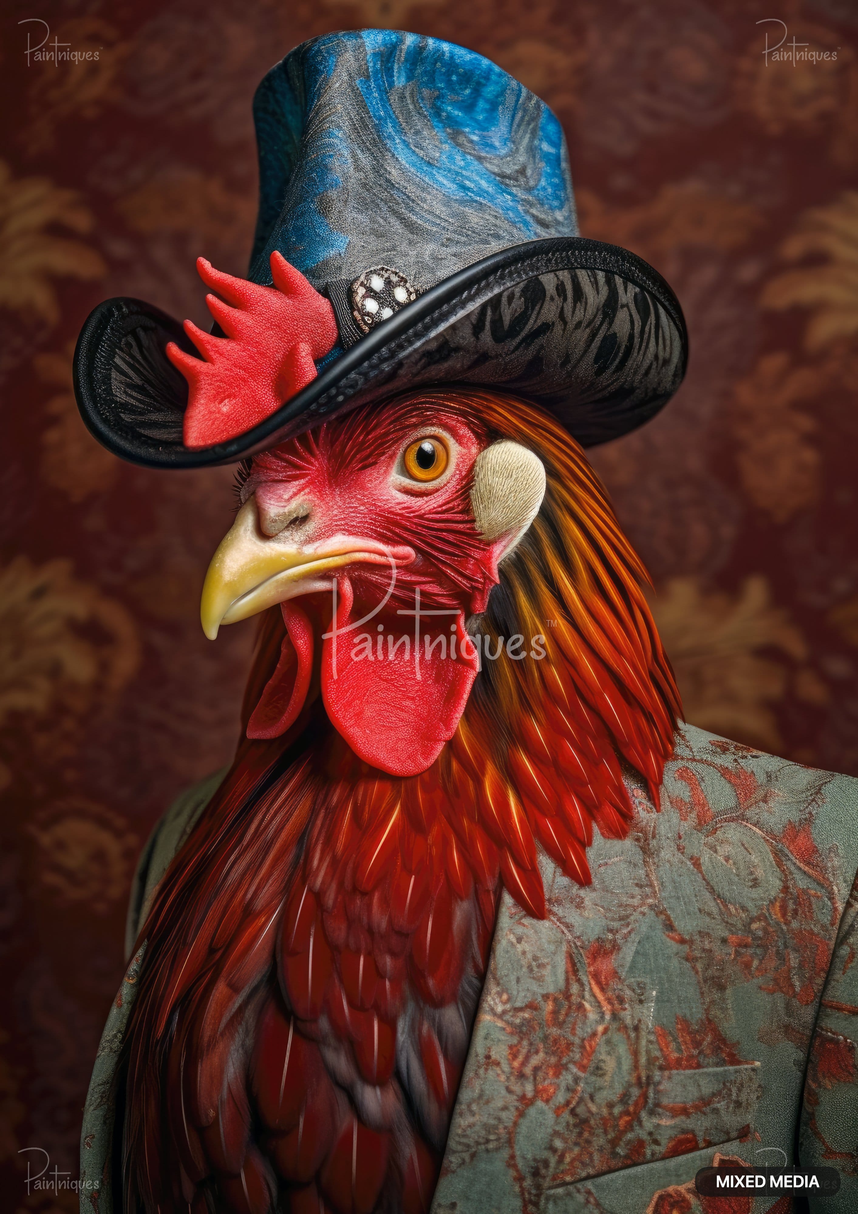 Red rooster wearing a blue and gray top hat with a red feathered accent, and a green patterned suit jacket.