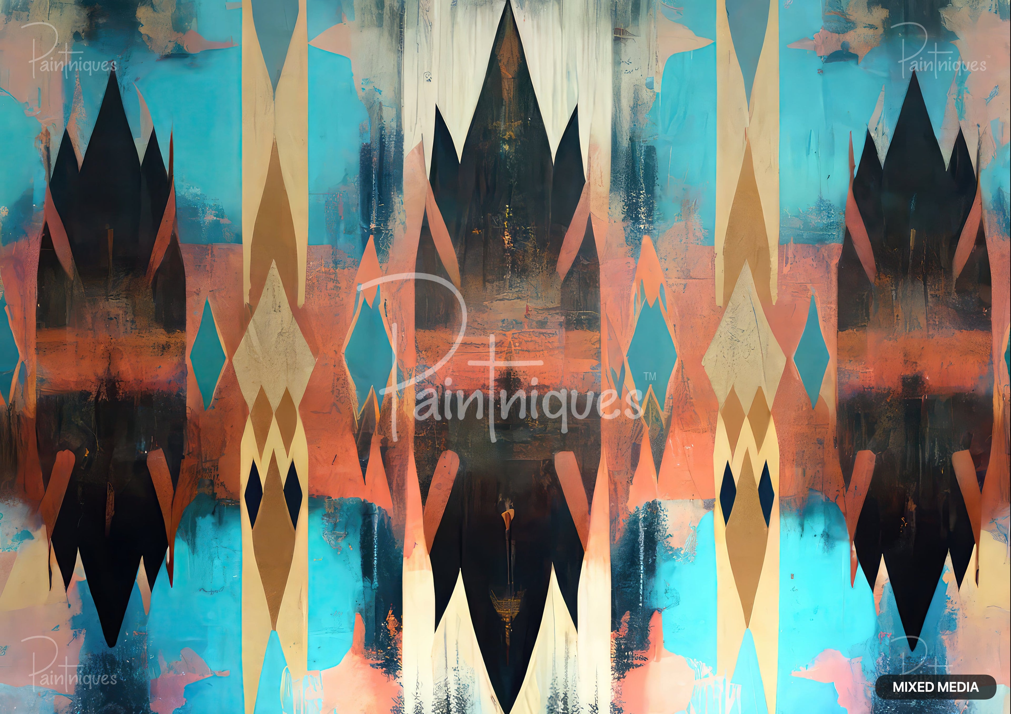 Abstract pattern of vertical diamonds and zigzags in black, turquoise, tan, peach, brown, and light blue.