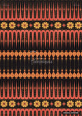 Black paper with red and yellow stylized patterns. Rows of pointed shapes, floral motifs, and teardrops.